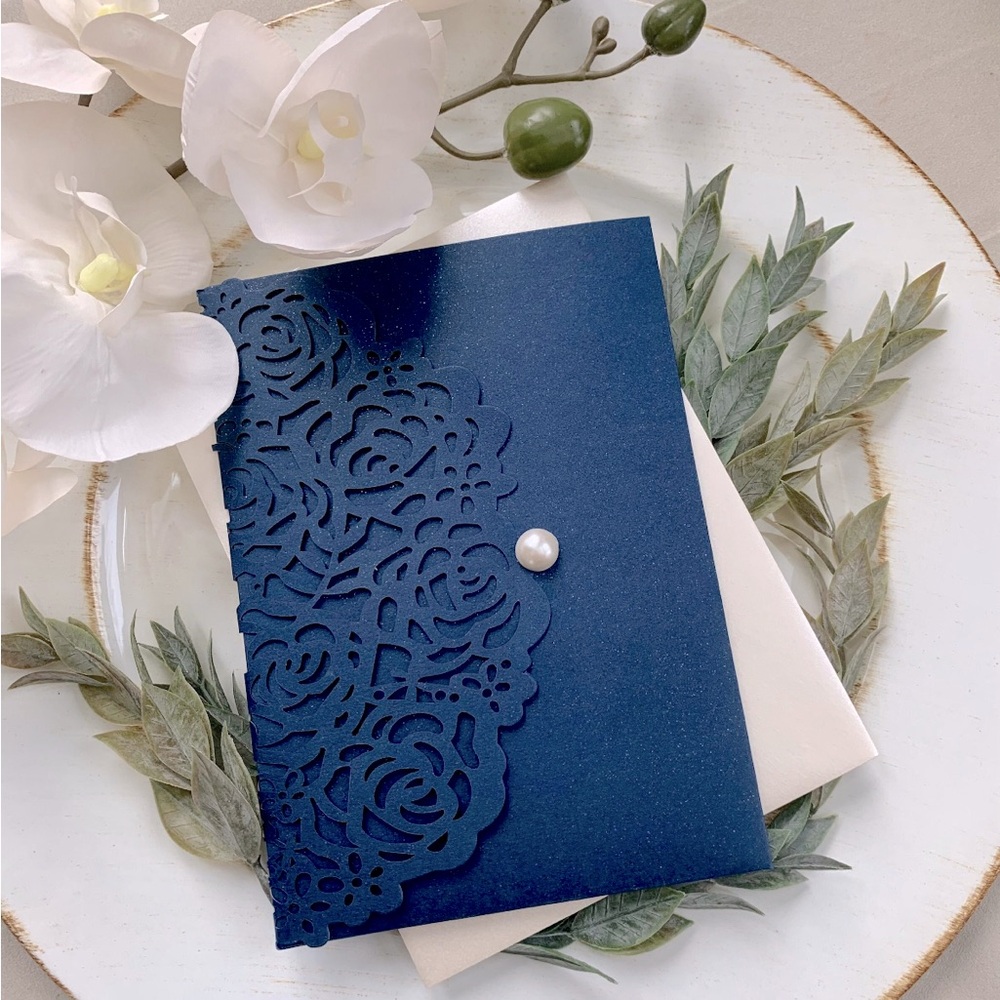 1 Set of 8 Shimmer Navy Card Stock Lace Rose Laser Cut Invitation Envelopes